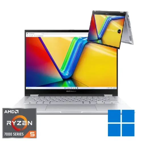 Asus Vivobook S 14 Flip, AMD Ryzen 5 7530U, 14 Inch, 512GB SSD, 8GB RAM, TN3402YA - Cool Silver, in front with Specifications