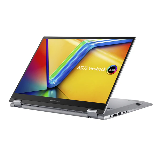 Asus Vivobook S 14 Flip Laptop, AMD Ryzen 5 7530U, 14 Inch, 512GB SSD, 8GB RAM - Cool Silver in flip position from left side
