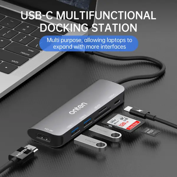 Onten 6 in 1 Type-C Multi-function Docking Station - OTN-95116D - Silver Ports